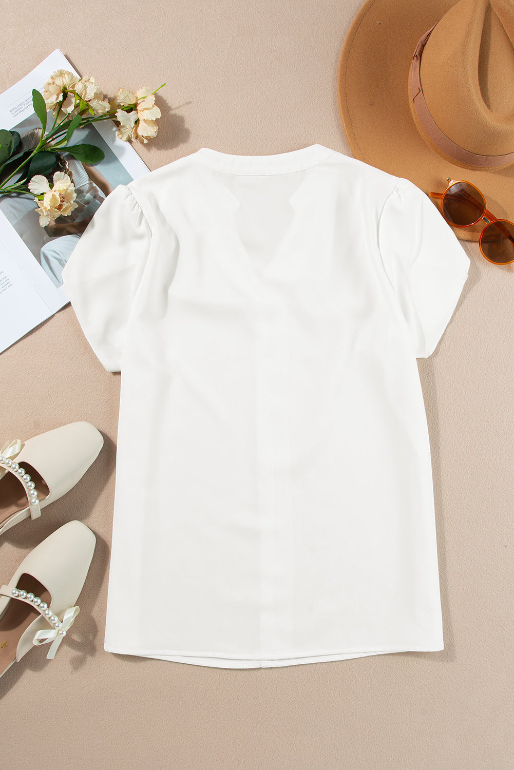 Rose Red Silky Notched Neckline Petal Sleeve Blouse