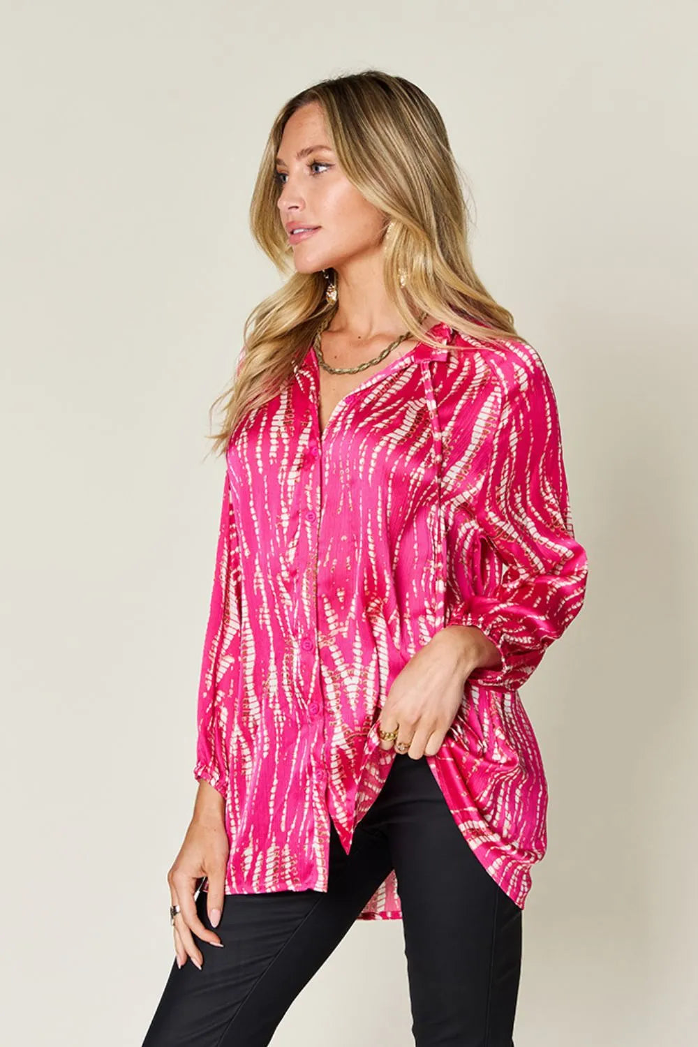 Camisa abotonada de manga larga estampada Full Size Double Take