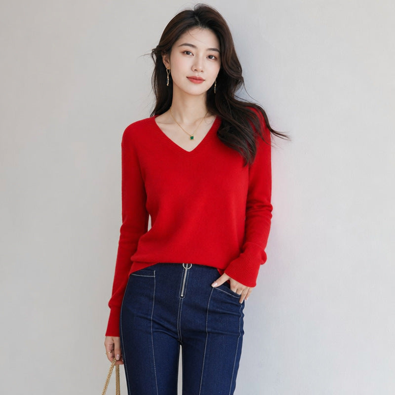 Women's V-neck Long-sleeve Pullover Knit Sweater