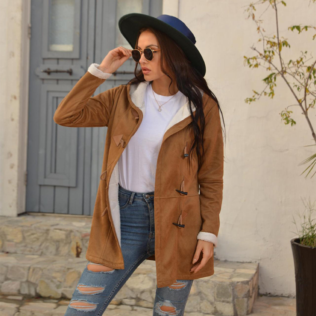 Winter Vintage Button Jackets Women's Warm Fleece Hooded Coat Casual Mid-Length Trench Top Outwear Clothing