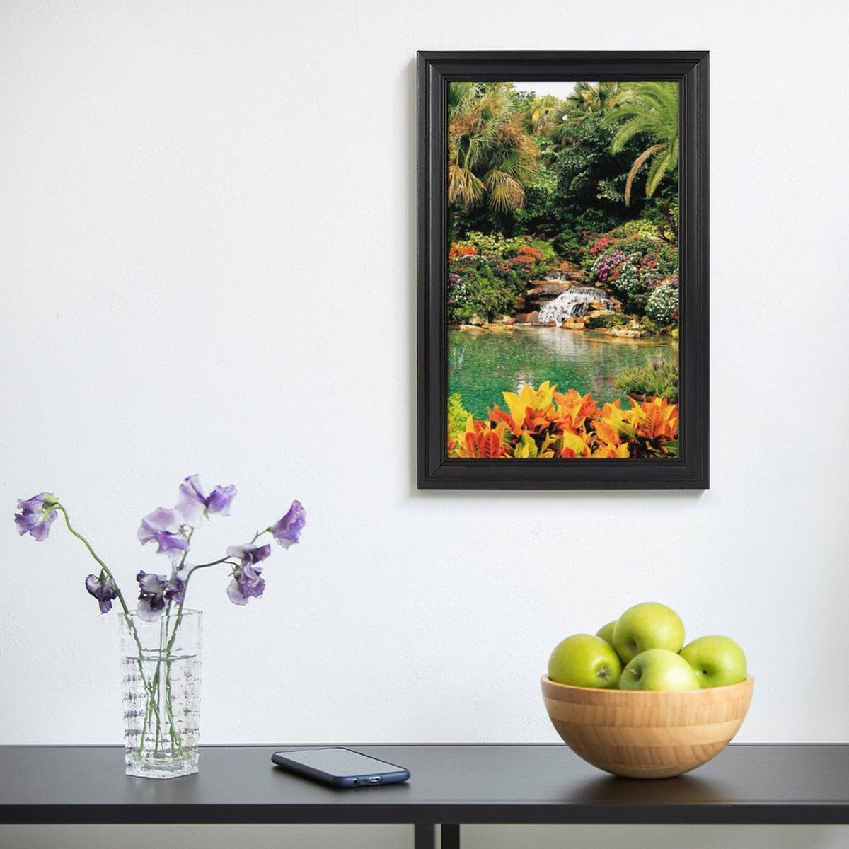 Serene Tropical Garden and Waterfall European Style Framed Art Print  - 16" × 24"