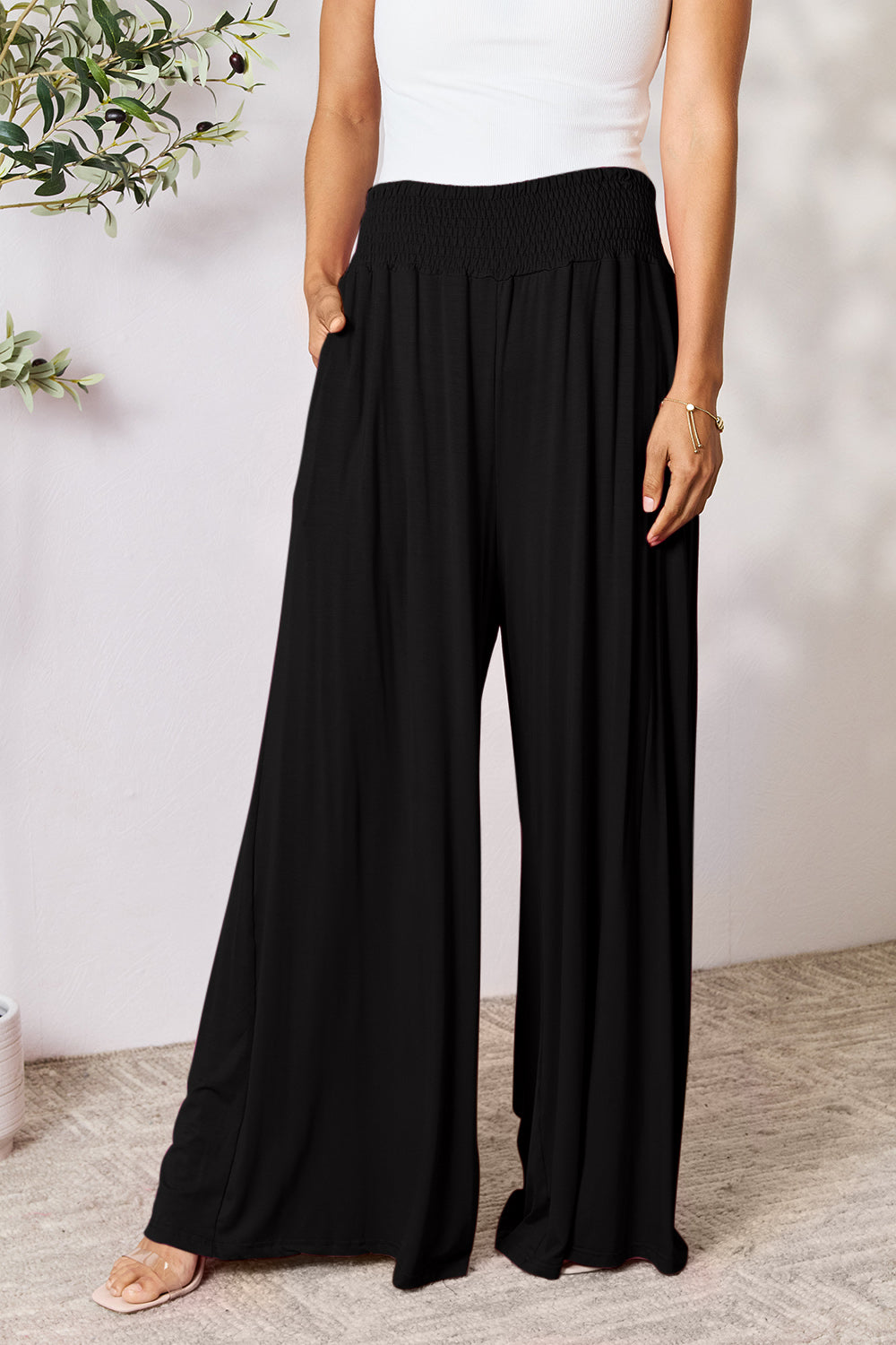 Pantalón ancho de talle alto fruncido de cuerpo entero Double Take