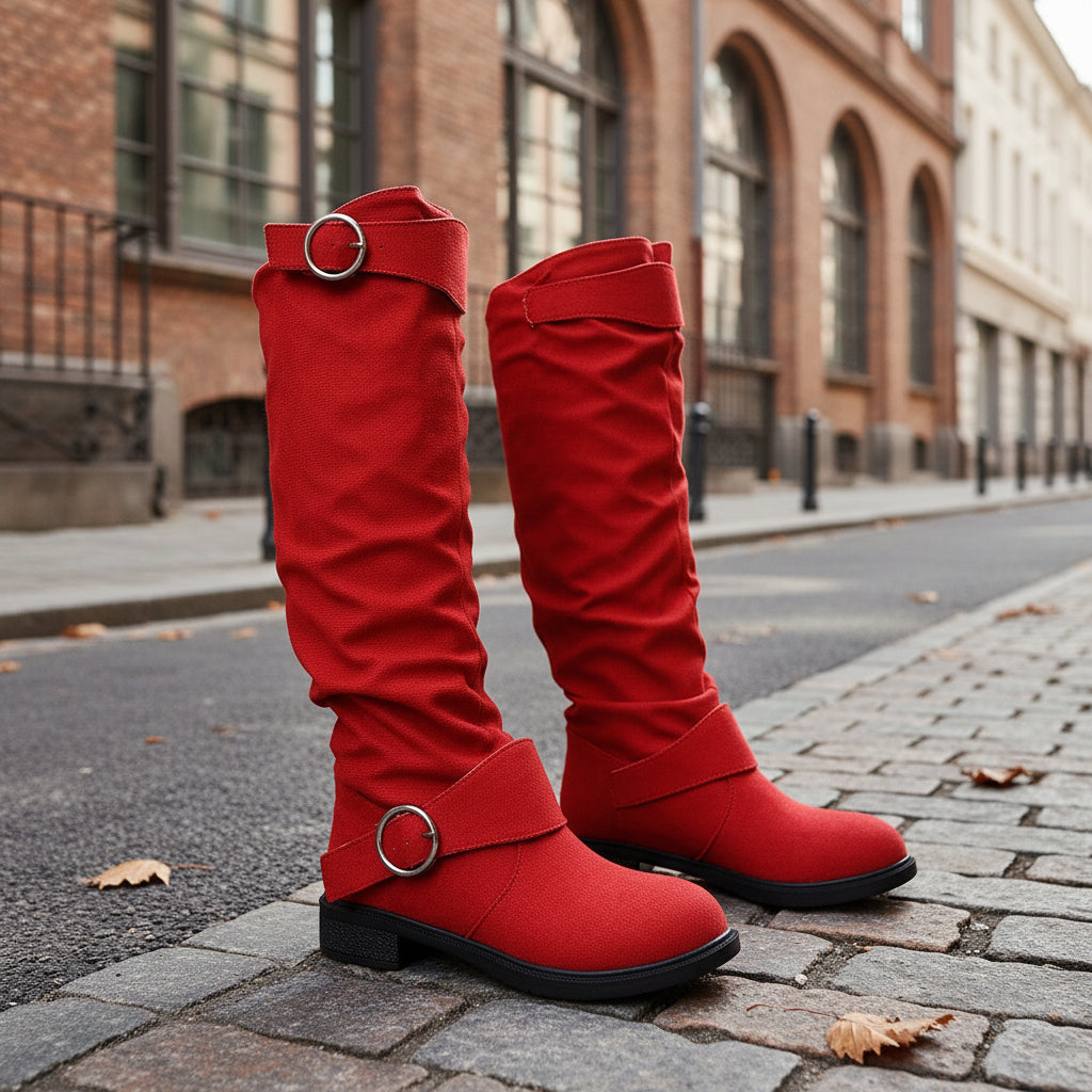Botas vaqueras occidentales de fondo plano plisado con hebilla de cinturón