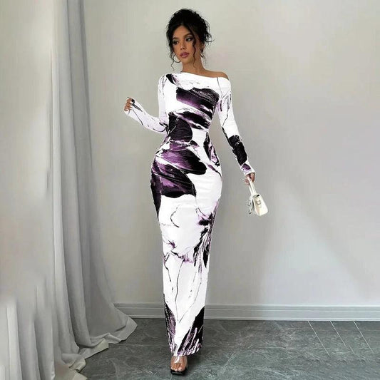 Vestido ceñido elegante tie-dye floral con hombros descubiertos para mujer, elástico, para fiesta y uso casual