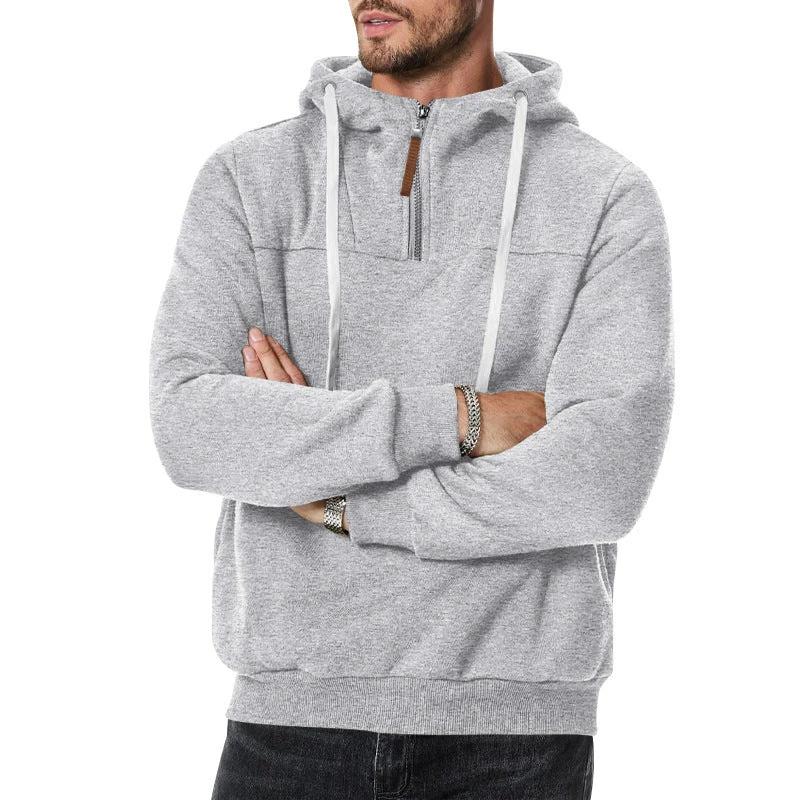 Men's Heavy Fleece-lined Half-zip Sporty Casual Hooded Sweatshirt