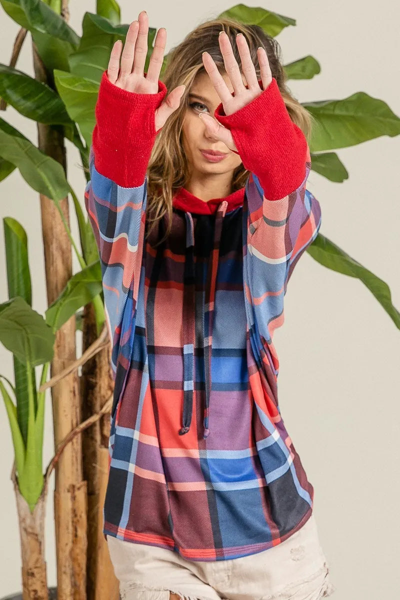 Plaid Mirr Brushed Rib Contrast Thumb Open Hoodie
