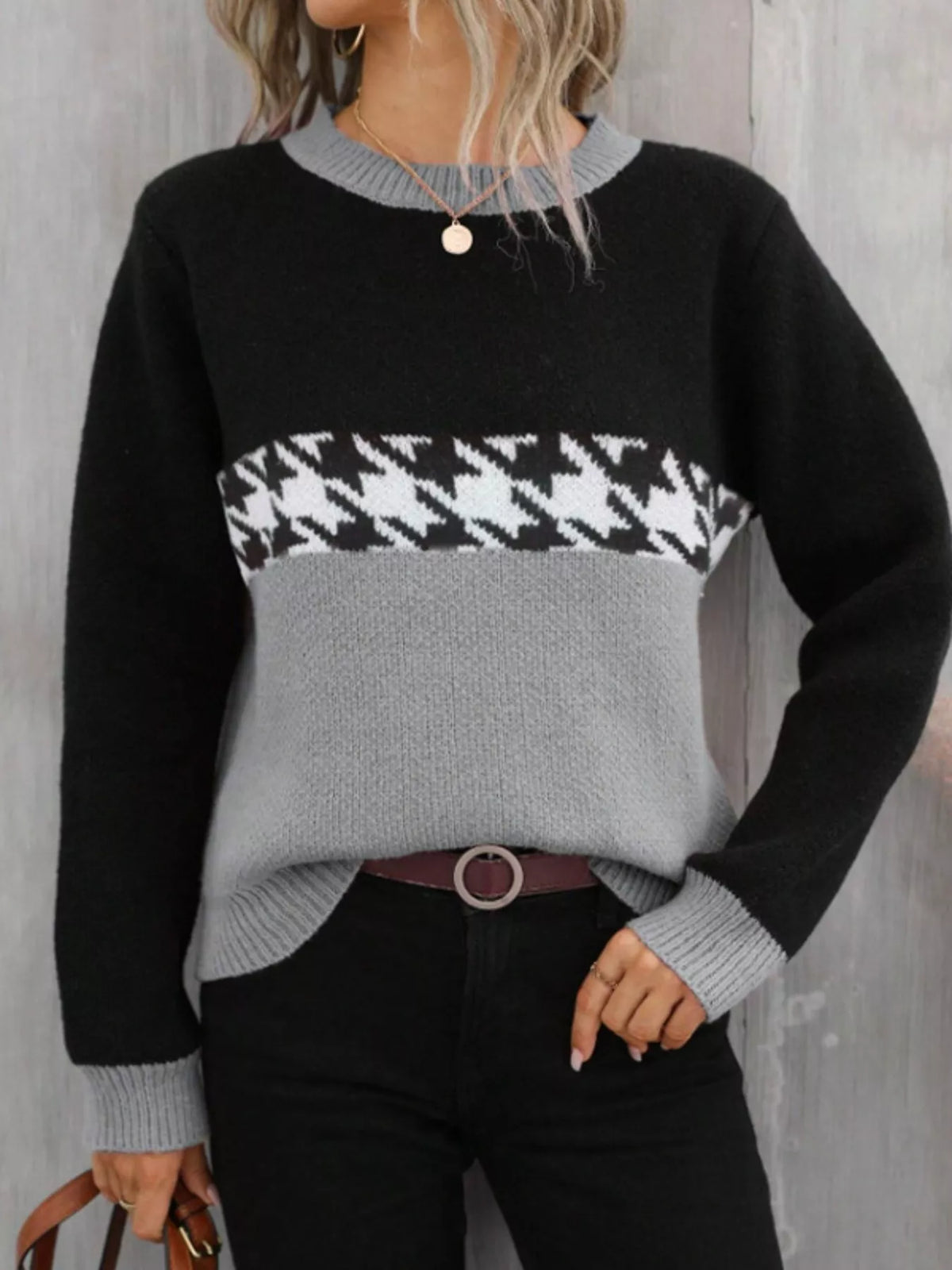 Color Block Houndstooth Sweater