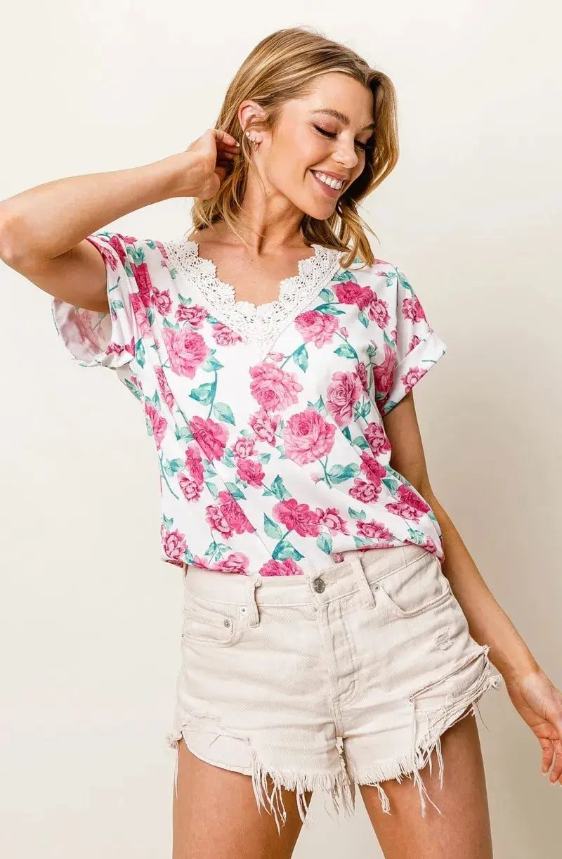 Women's T-Shirt Women's Tee - Rose Print & Crochet Lace - Soft Casual Top