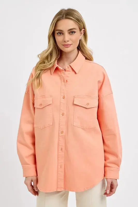Women's Shacket Plus Size Denim Shacket - Button Down - Casual Long Sleeve