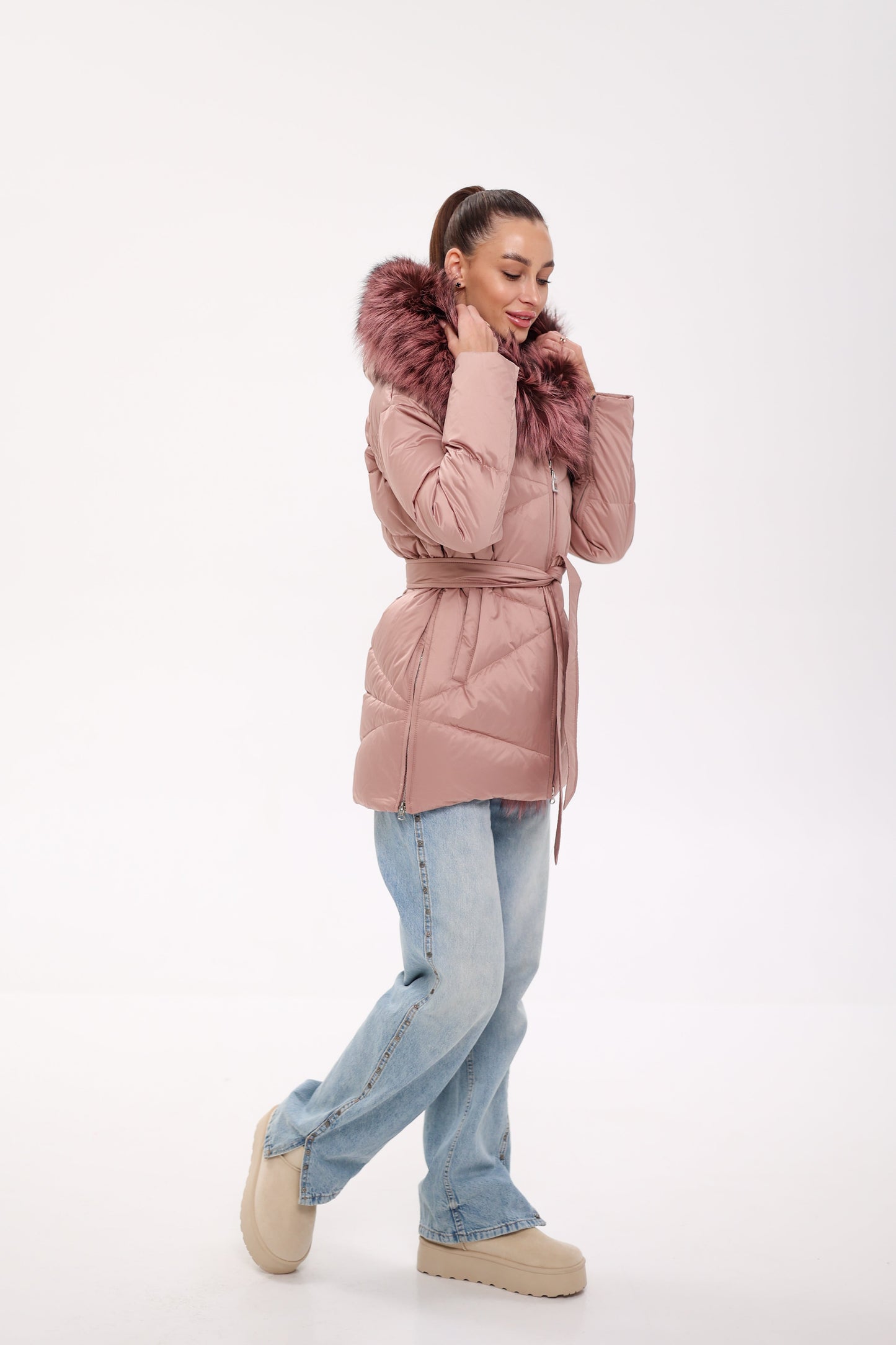 Parka de plumas con ribete de auténtica piel de zorro plateado