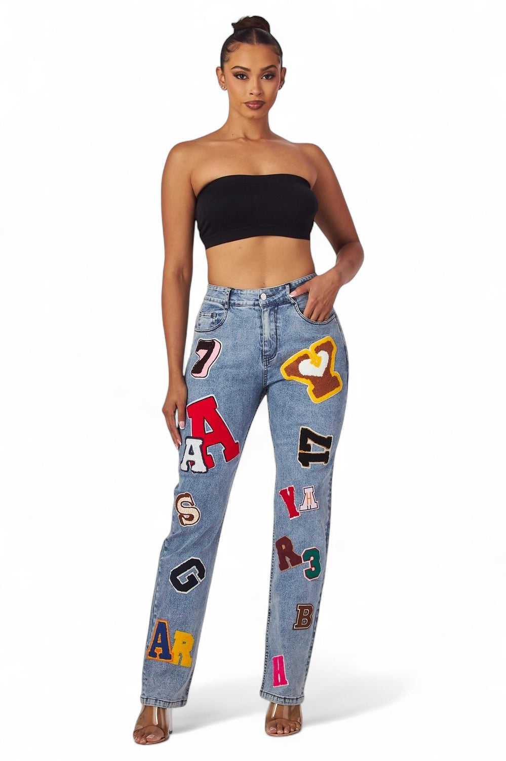 Pantalones vaqueros de mezclilla Emmiebree con parches de letras