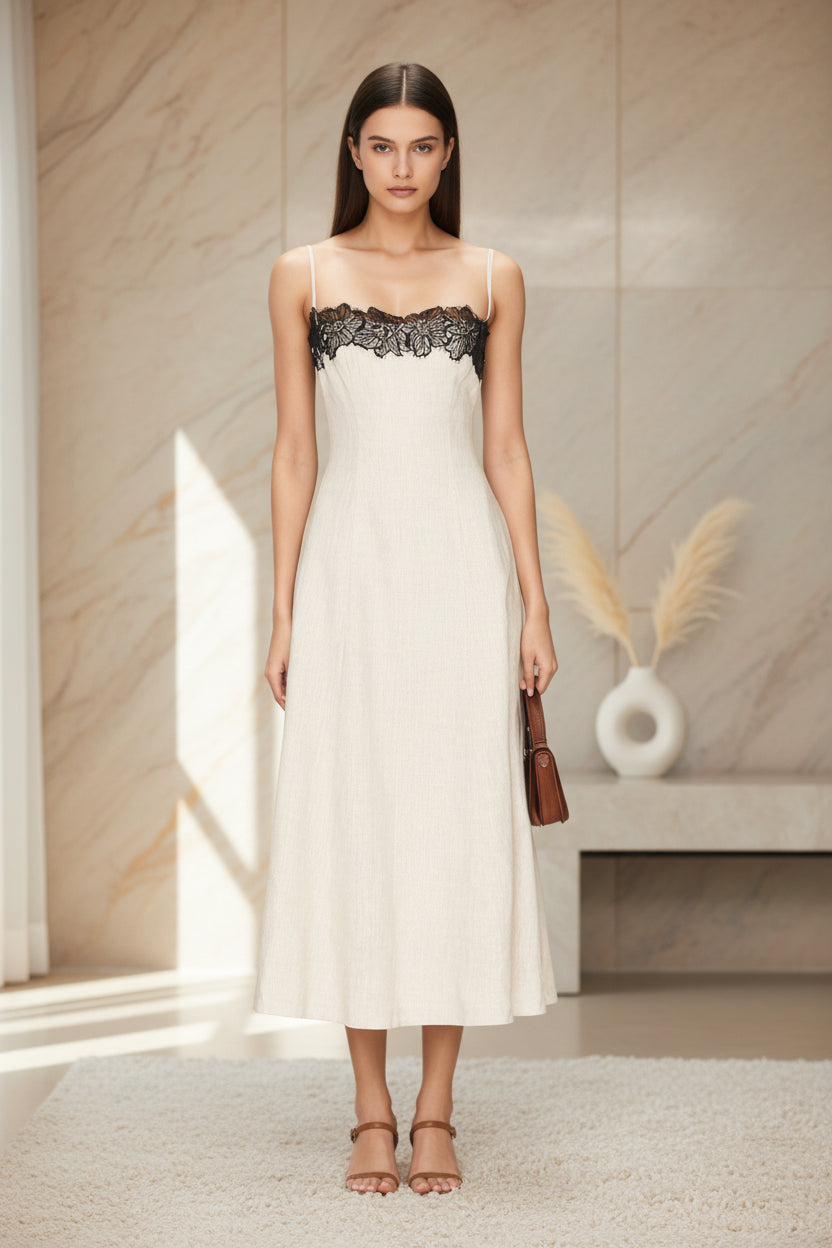 Off White Lace Contrast Camisole Midi Dress – Spaghetti Strap