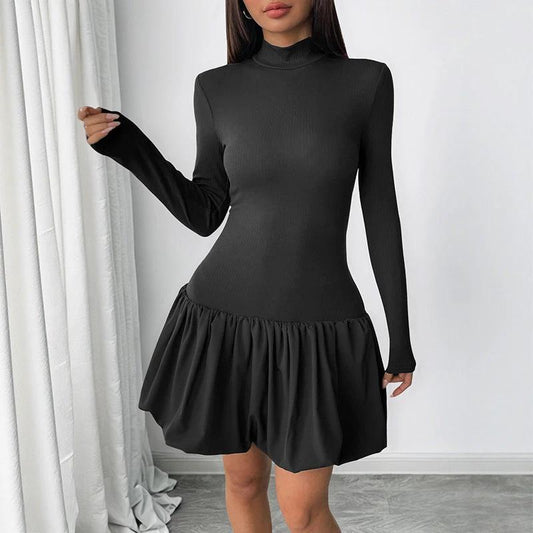 Vestido de cuello alto, manga larga, color liso, sencillo y elegante