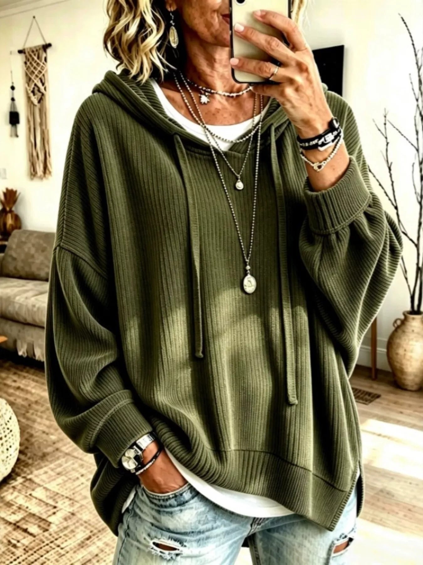 Drawstring Ribbed Knit Hoodie
