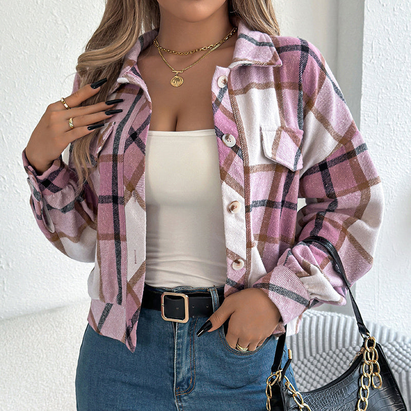 Shacket a cuadros – Chaqueta de camisa de manga larga con botones para mujer