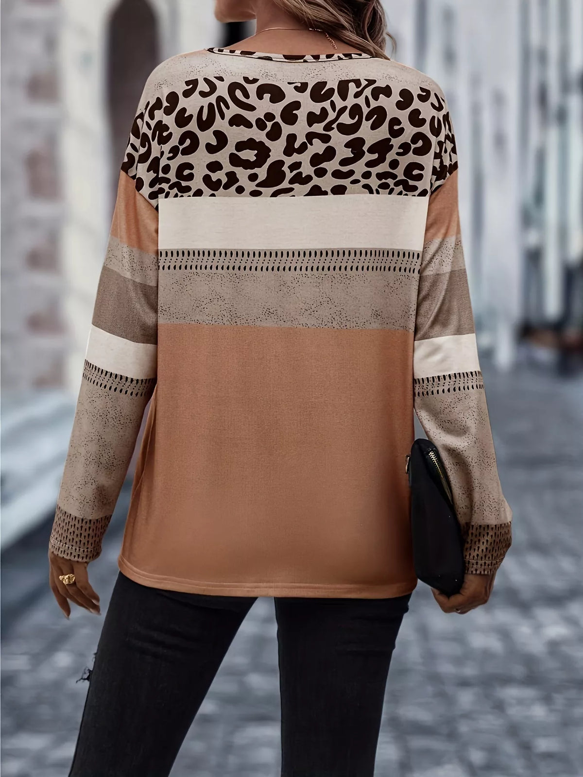 Plus Size Leopard Print Color Block Long Sleeve T-Shirt