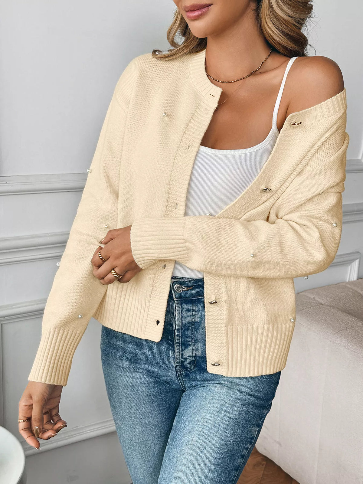 Pearl Embellished Button-Up Cardigan