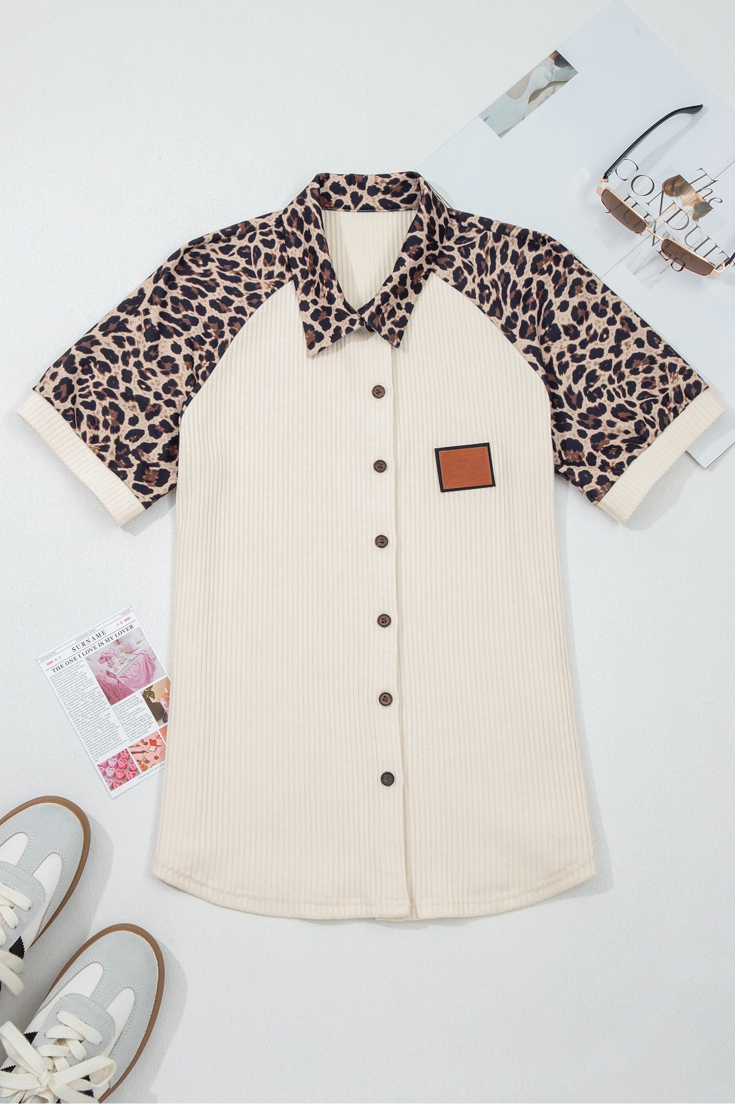 White Ribbed Texture Button Down Leopard Patchwork Short Sleeve Shirt