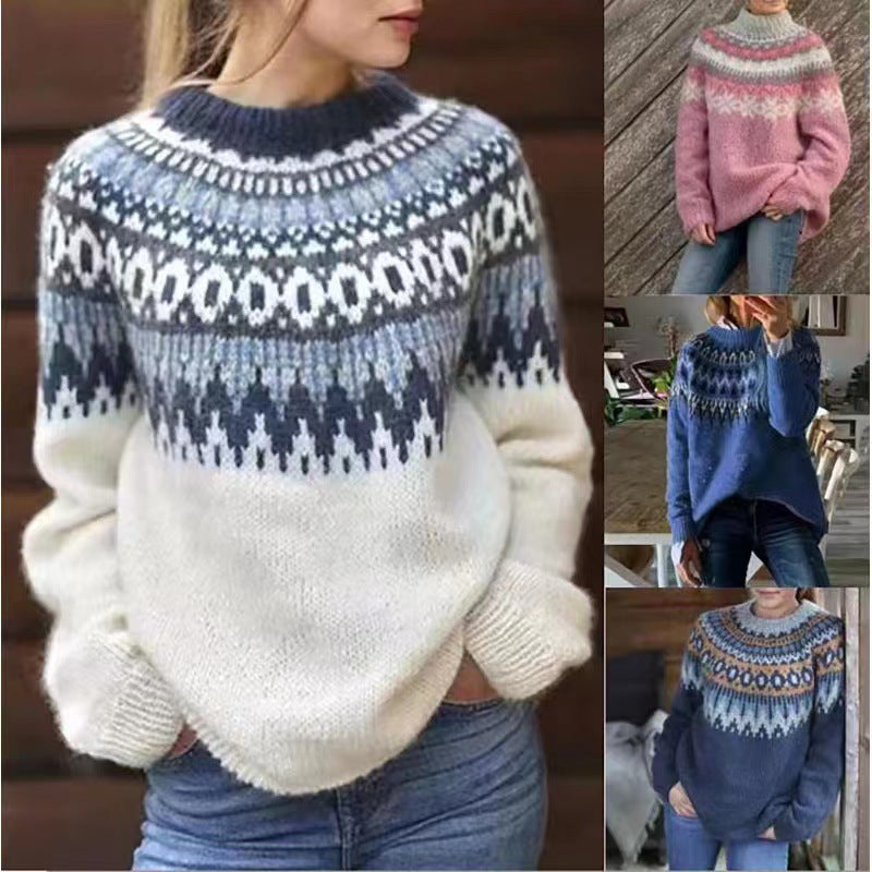 Round Neck Pullover Jacquard Vintage Print Sweater