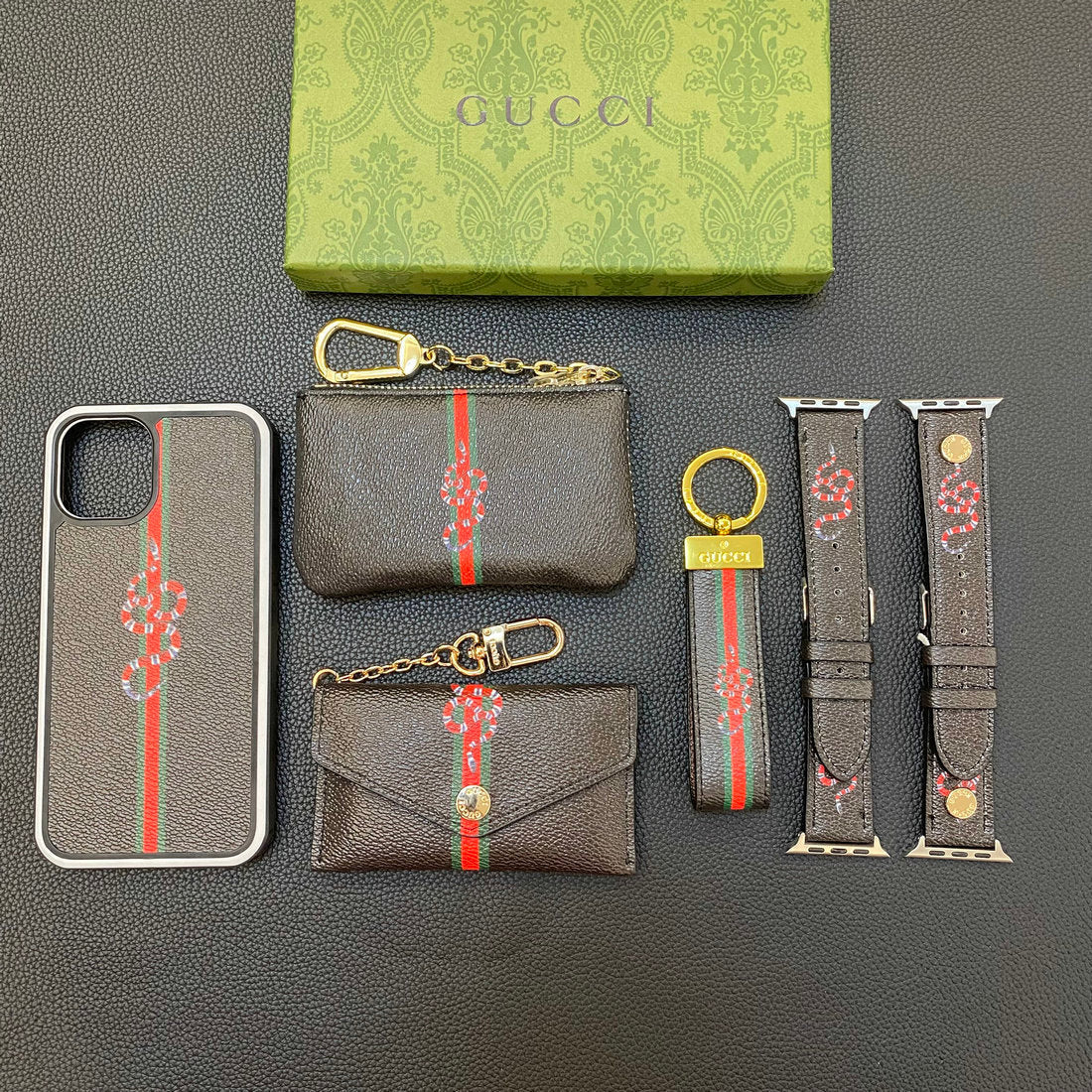 Set de regalo de moda (funda para iPhone+llavero+monedero+tarjetero+correa de reloj)