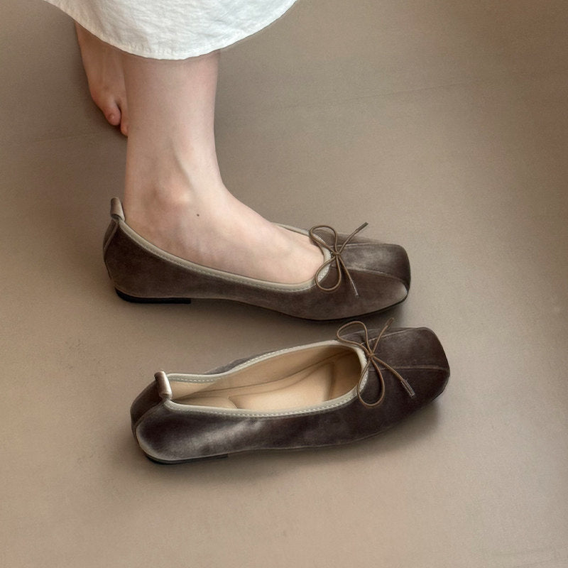 Women Square Toe Soft Leather Bow Decor Ballet Flats, Elegant Shallow Cut Slip-on Casual Shoes