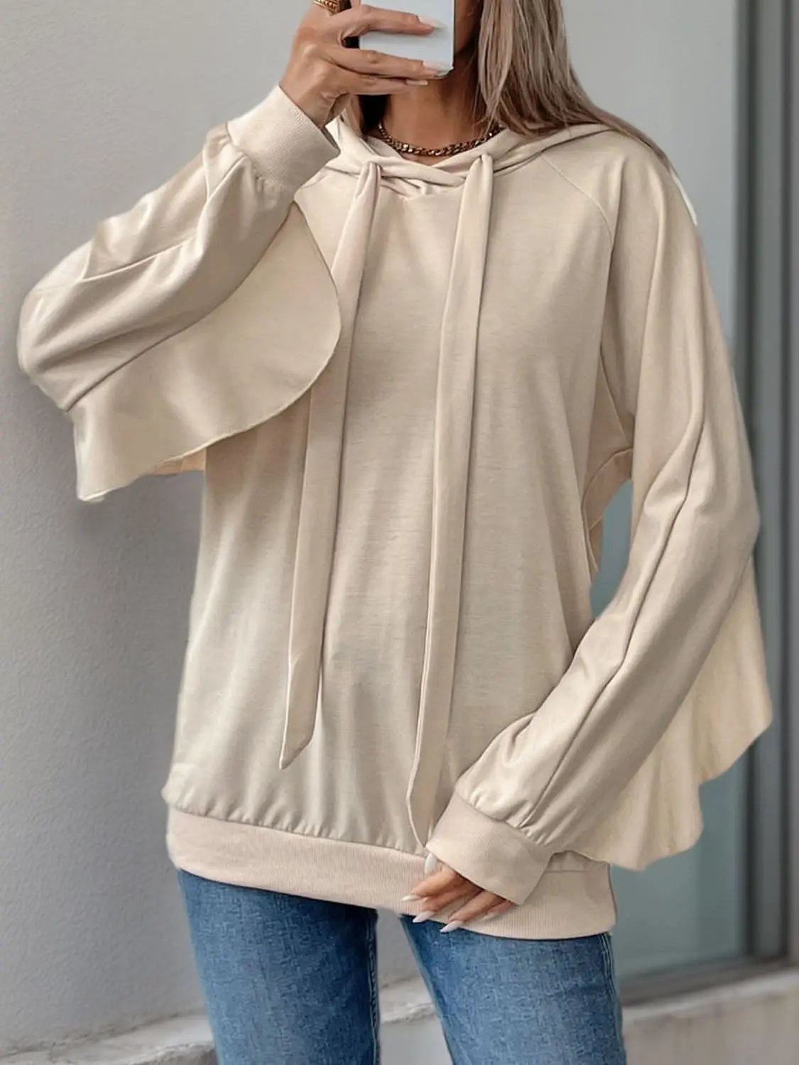 Jackets Trendsi Ruffled Hoodie Women's Casual Drawstring Long Sleeve Top Cozy Stylish