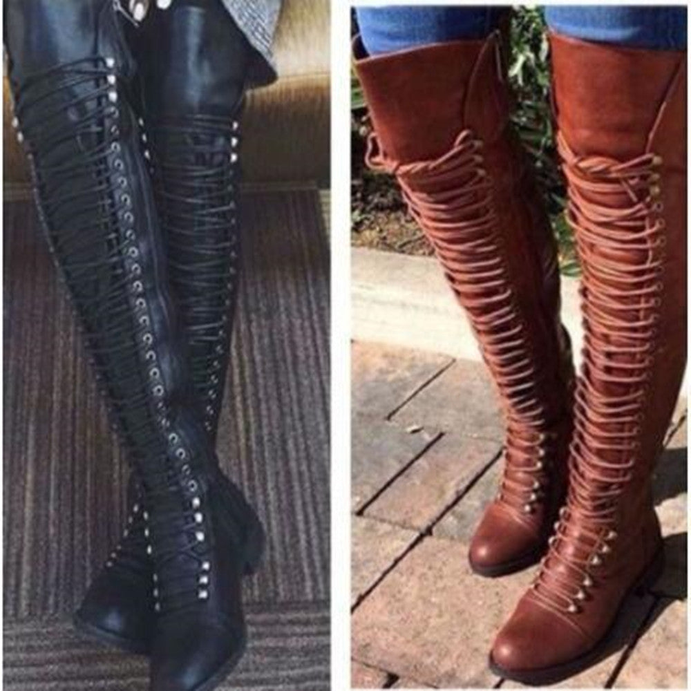 Women's Solid Color Over-the-knee Lace-up Boots