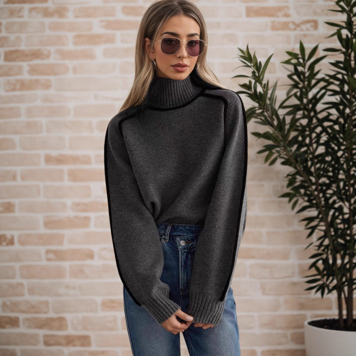 Women's Turtleneck Contrast Trim Sweater, 2026 Fall Winter Loose Long Sleeve Pullover, Casual Lazy Style Knit Top