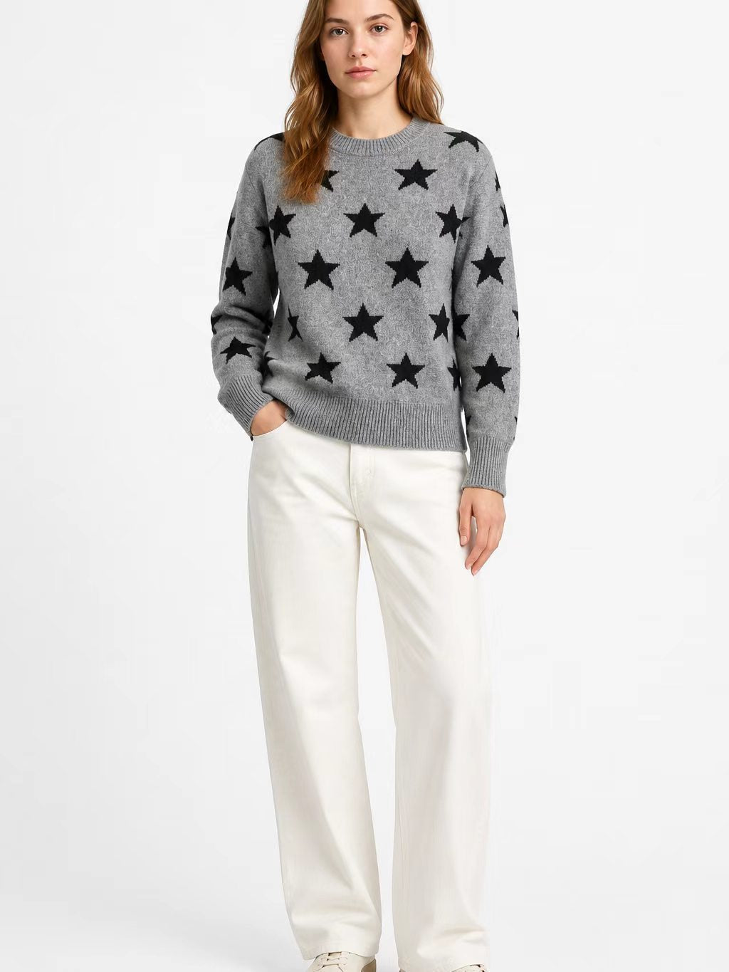 Womens Retro American-Style Star Jacquard Crew-Neck Sweater