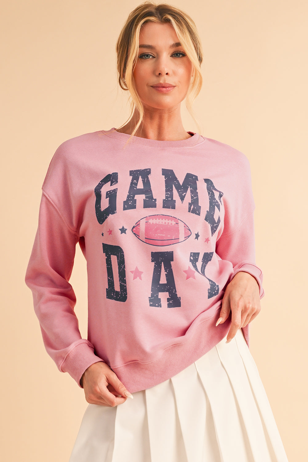 Sudadera Rosa con Hombros Caídos y Gráfico de Día de Partido de Rugby