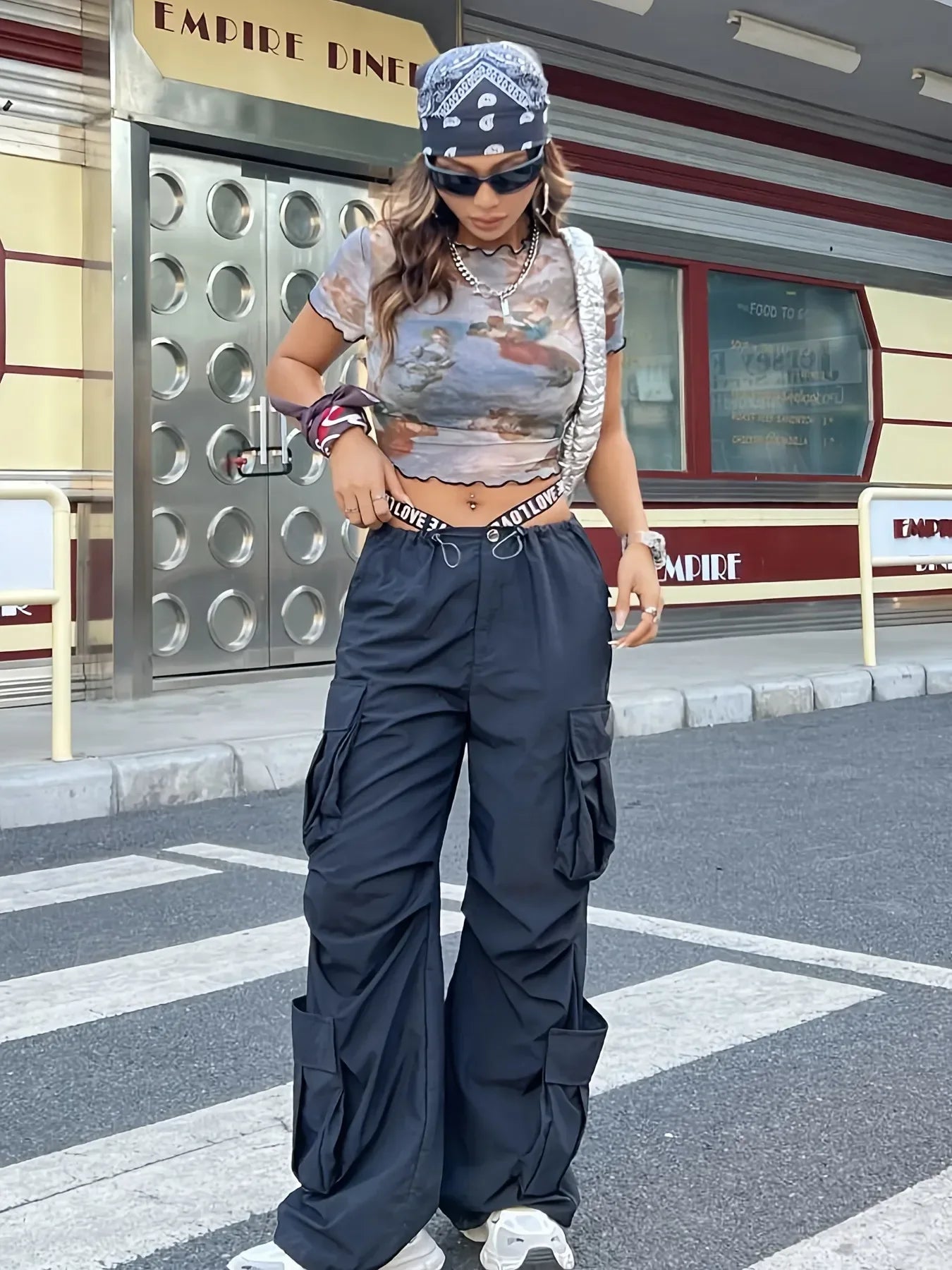 Abstract Print Ruffled Mock Neck Crop T-Shirt | Trendy Streetwear – Bona Fide Fashion