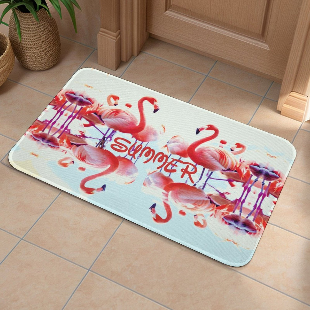 Pink Flamingos Summer Design Crystal Velvet Bath Mat (Made in USA)
