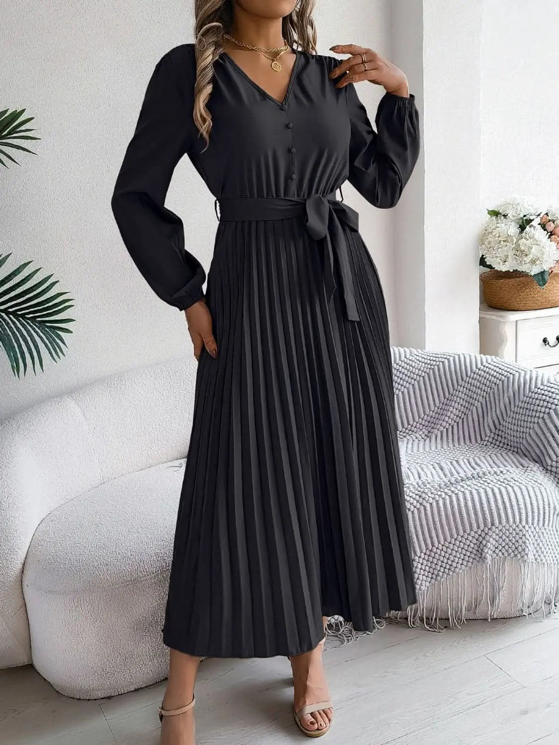 Dresses Trendsi V-Neck Dress Women's Elegant Long Sleeve Sheer Tie Dress Fashion