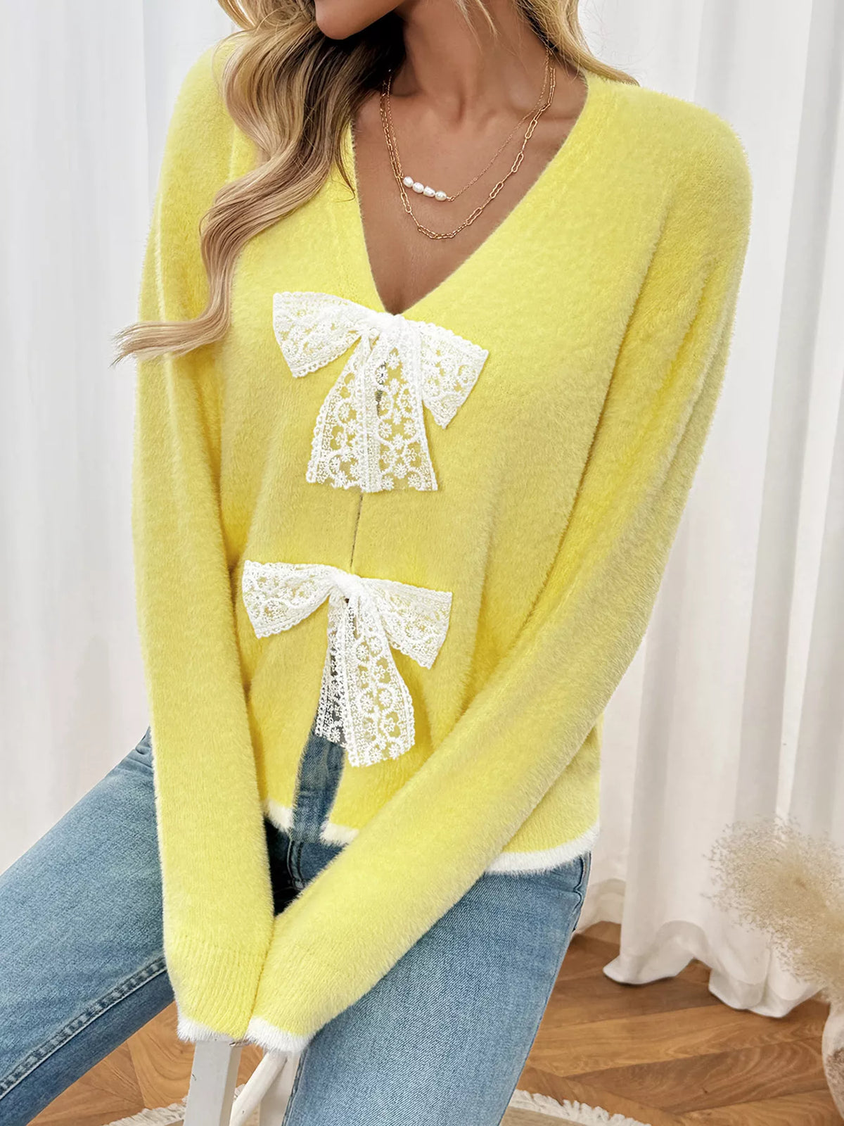 Lace Bow-Tie Front Long Sleeve Cardigan