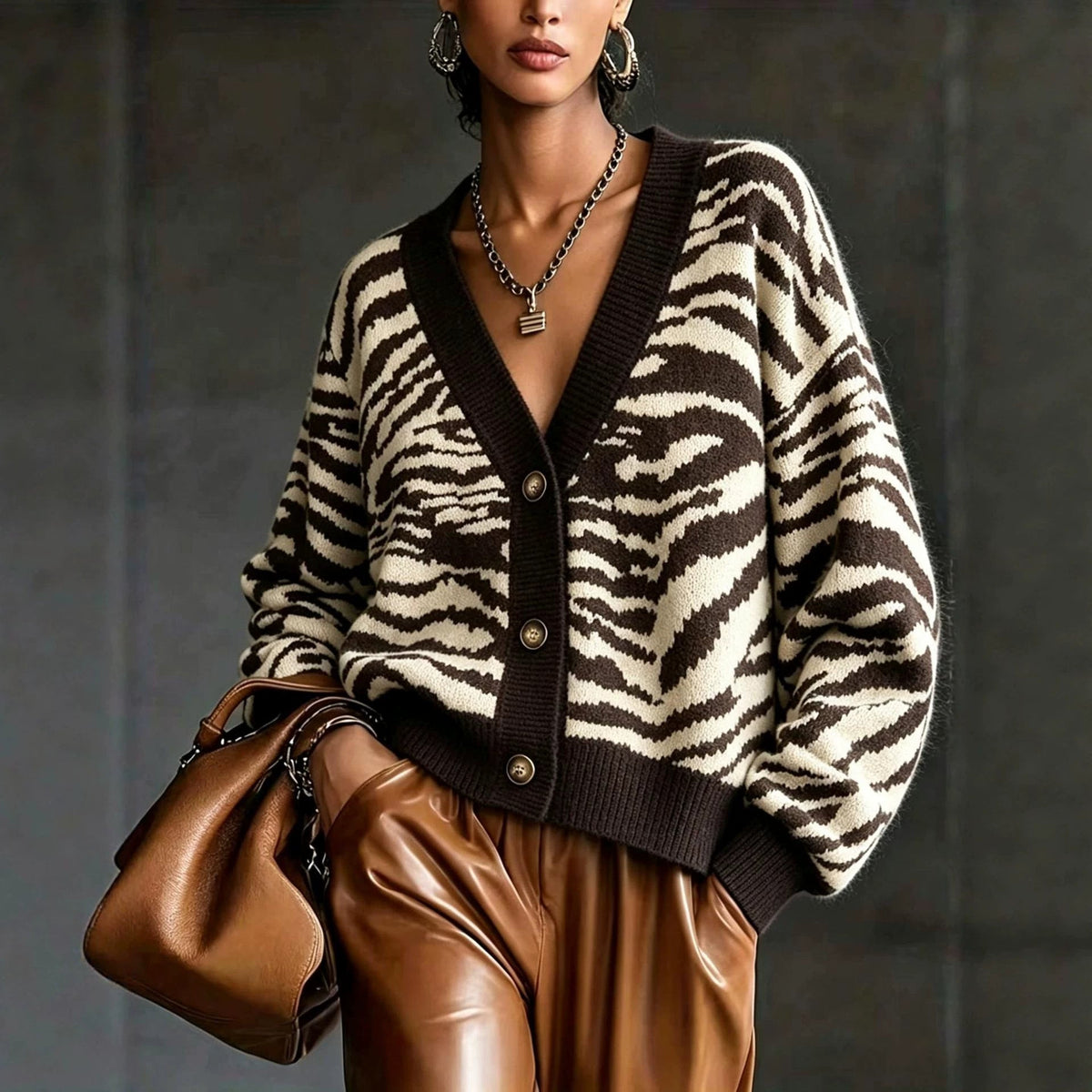 Women's Zebra Striped Knit Cardigan, 2026 Fall Winter Loose Long Sleeve Button Down Sweater, Casual Lazy Style Knit Outerwear