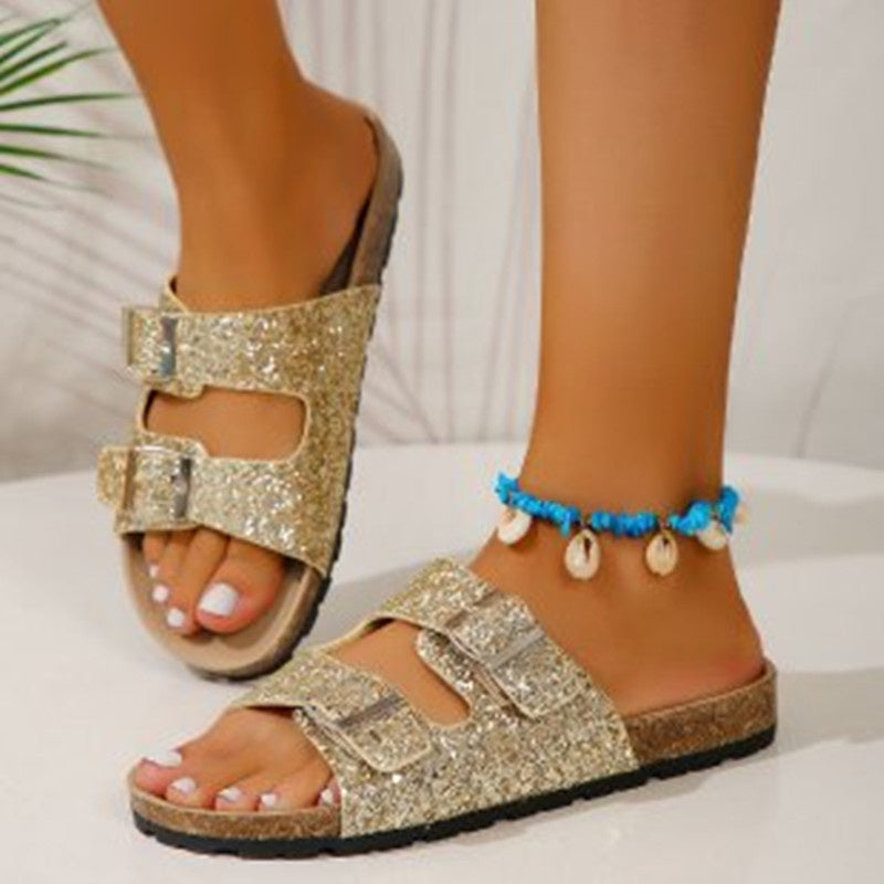 Women's Double Buckle Sequined Sandals