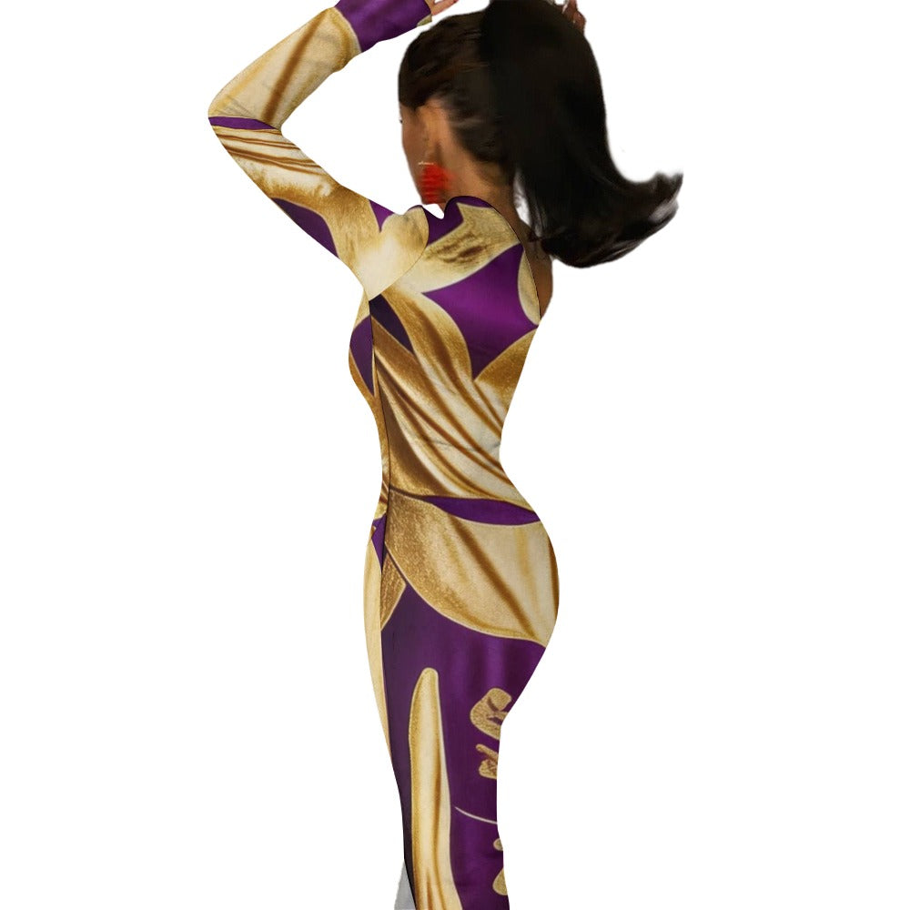 Sexy gold and purple Egyptian designed patterned Half Sleeve Slit Dress Designs By Kiekie