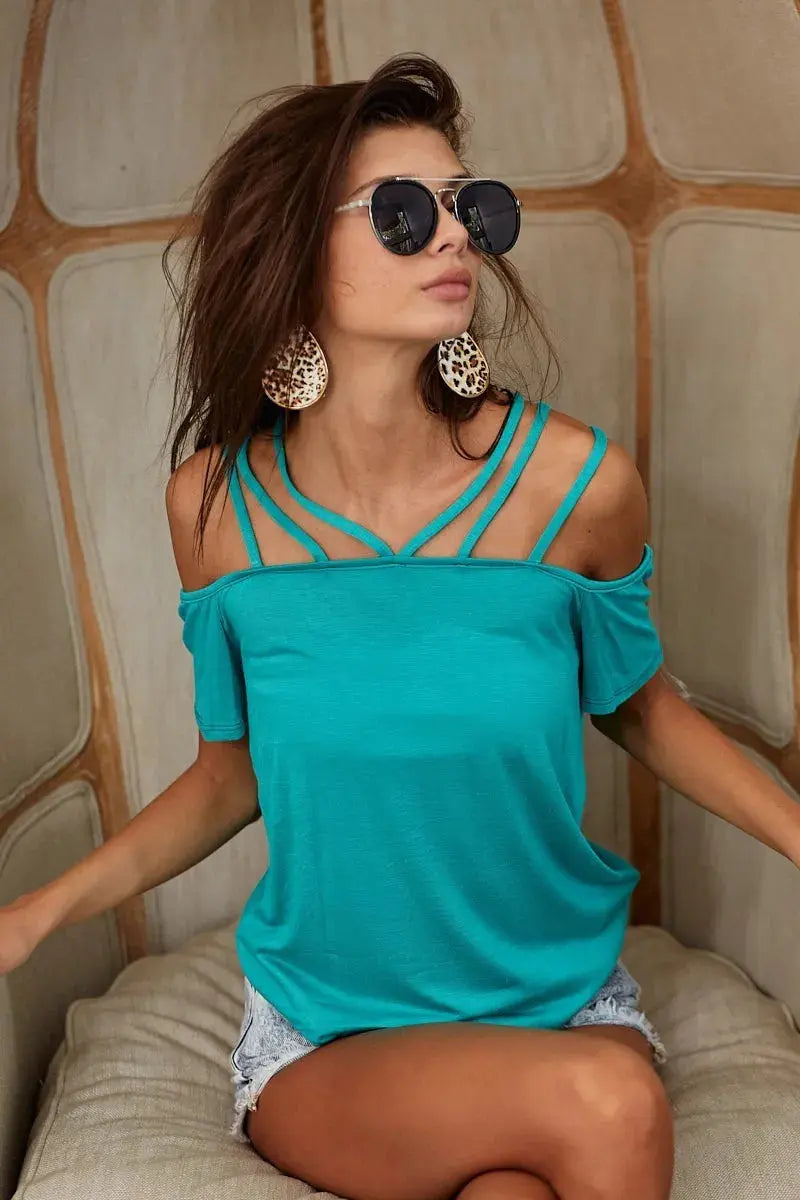 Women's Casual Top Rayon Top - Soft Lace-Up Shoulder - Casual Tee