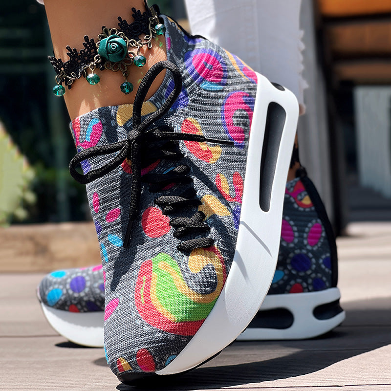 Women's Random Print Side Lace-Up Elastic Sport Shoes, Comfortable Slip-On Sneakers For Women, Casual Daily Wear Footwear See size chart under “more details”