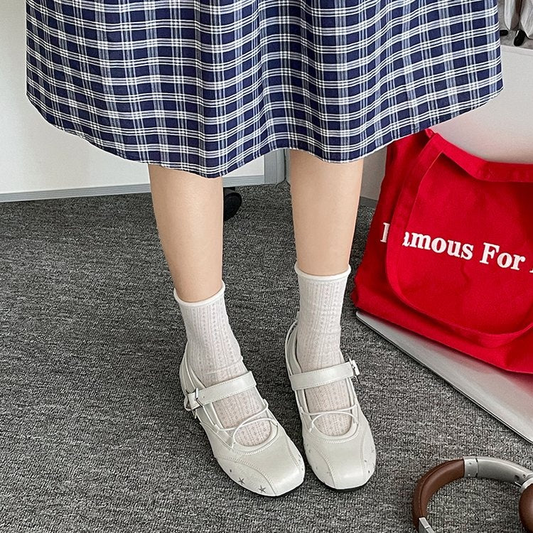 White Star Embroidery Mary Jane Flats Women Square Toe Buckle Strap Ballet Flat Shoes