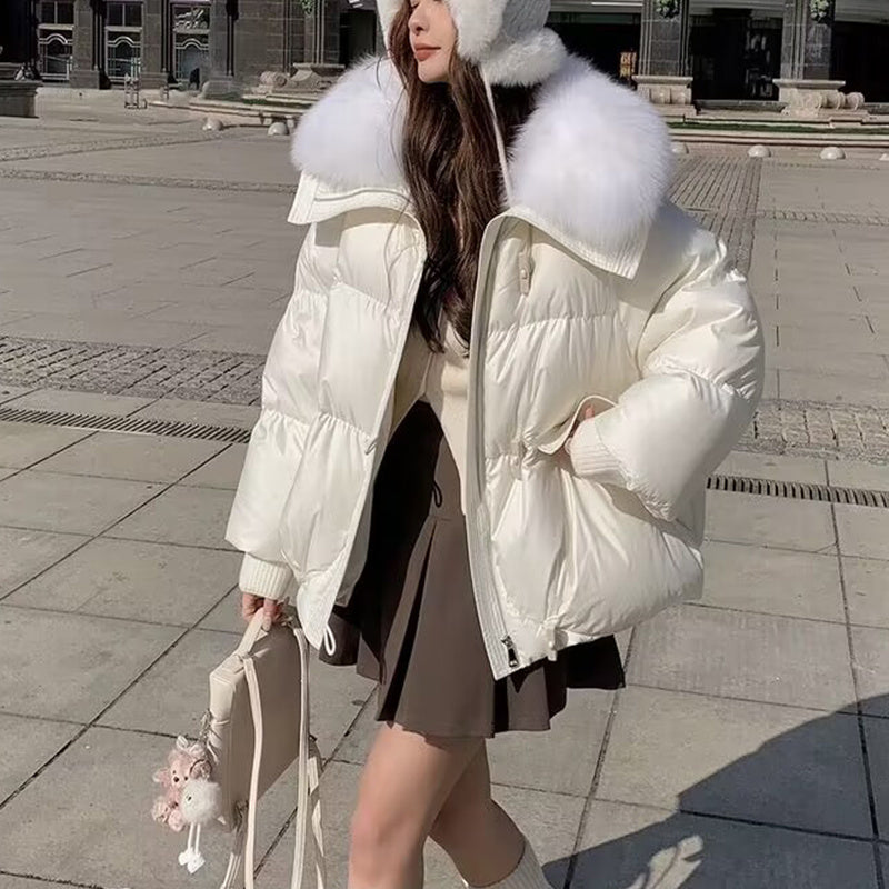 Chaqueta de plumón de algodón para mujer, corta, con cuello de piel, abrigo grueso, ropa de invierno