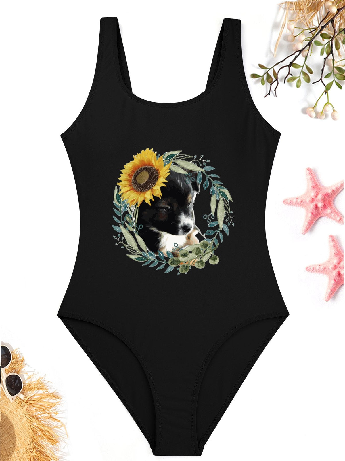 Cute Black Puppy One-Piece Swimsuit for Women (Front Printing)