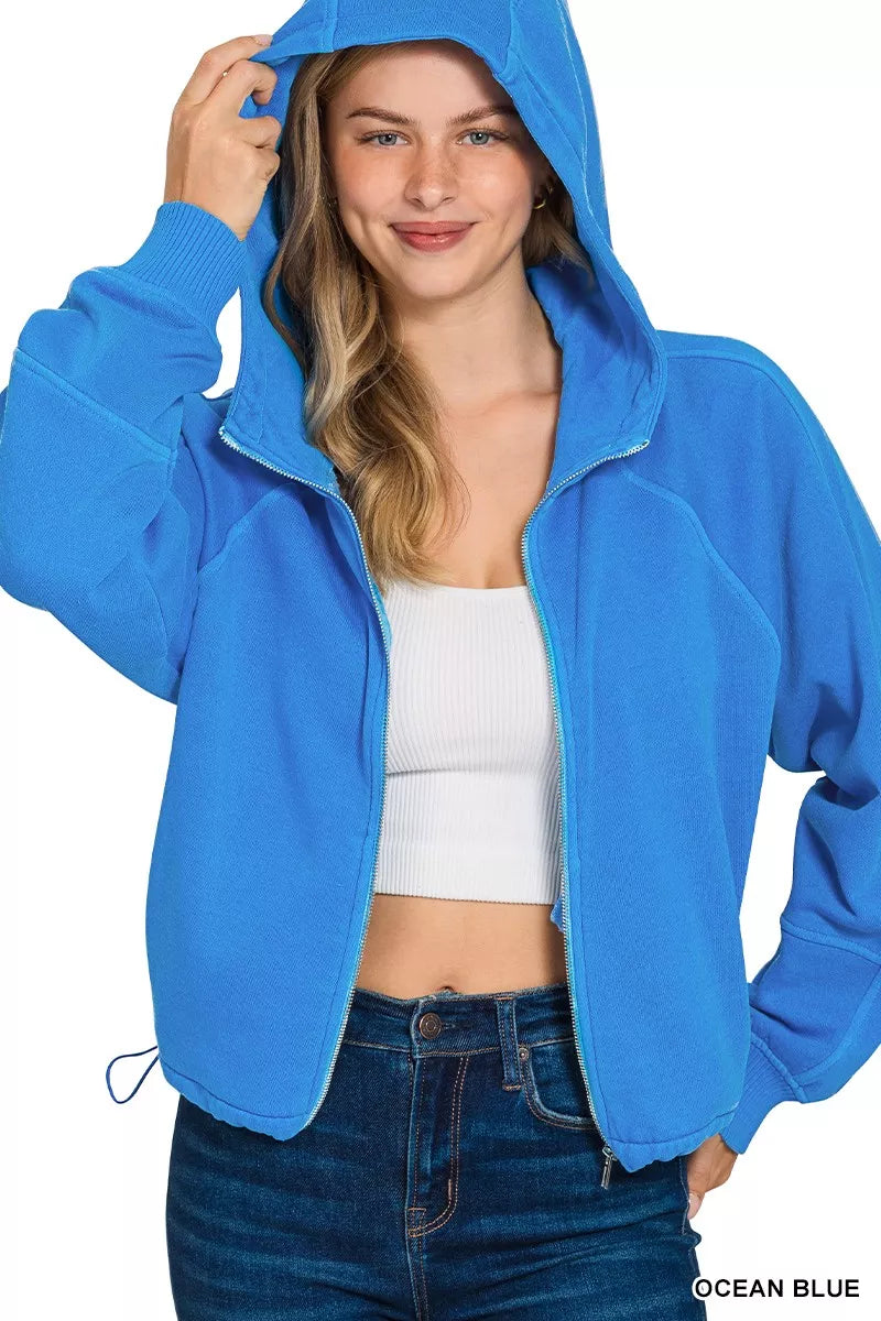 Zenana Fleece Pigment Dye Zip Up Hoodie with Pockets in Ocean