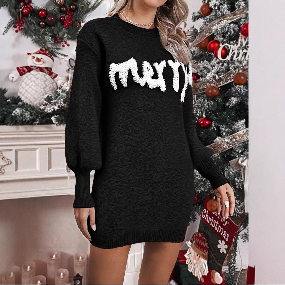 Vestido ajustado de punto de cuello redondo y manga farol para mujer