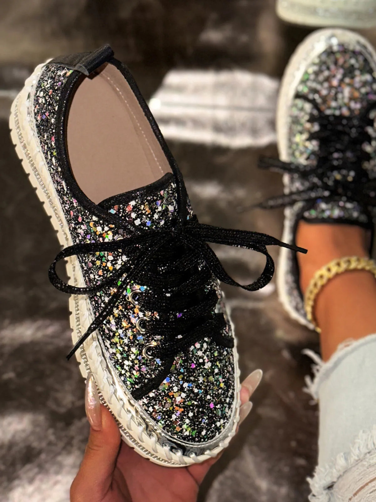 Metallic PU Leather Lace Up Platform Sneakers