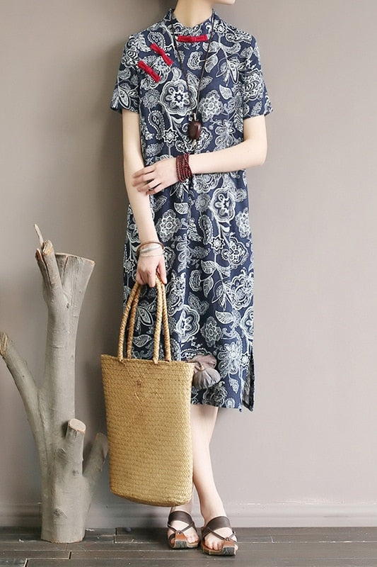 Retro Floral Cotton Dress with Side Slit