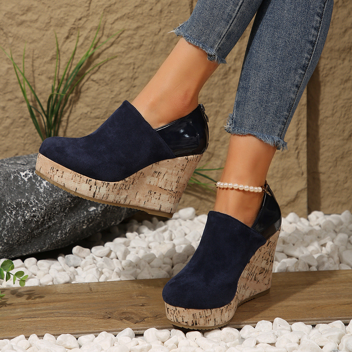 Women's Suede and Leather Patchwork Wedge Heels