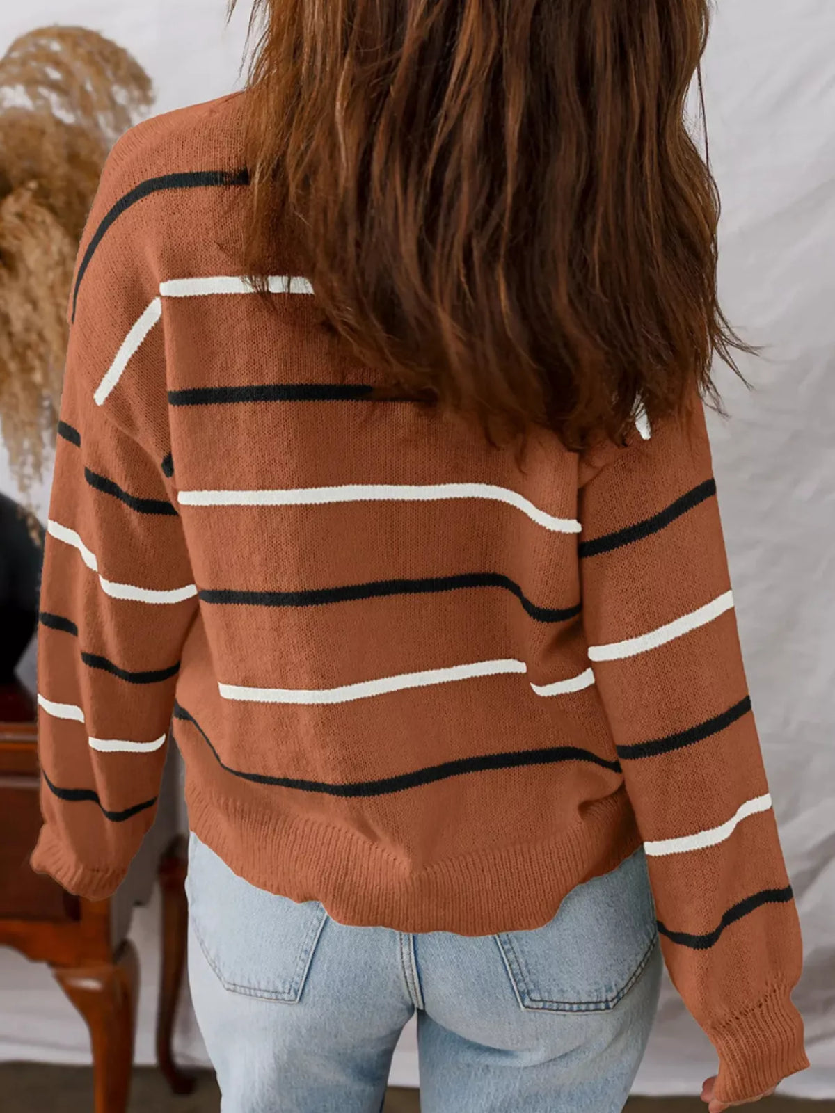 Striped Round Neck Drop Shoulder Sweater