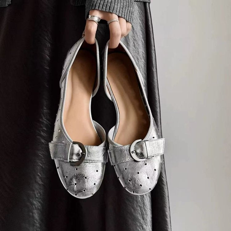 Women Polka Dot Mary Jane Flats Bow Buckle Strap Round Toe Soft Leather Slip On Flat Pumps Vintage Retro Daily Office Casual Dress Shoes