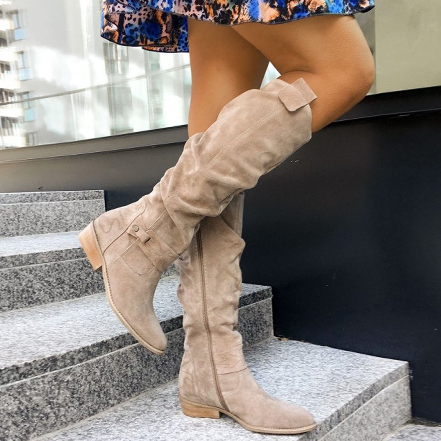 Women's Low-Heel Side Zipper Suede High Boots